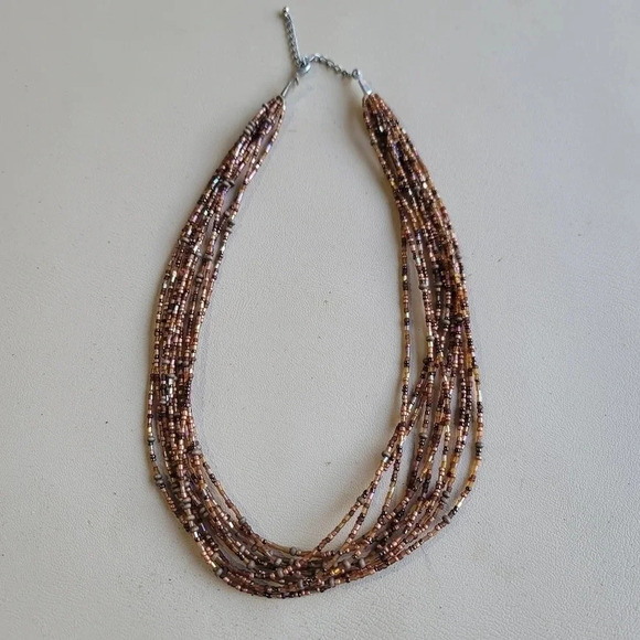 Silver Tone Brown Glass Seed Bead Multi Strand Fashion Necklace 20"+3" - Picture 10 of 10